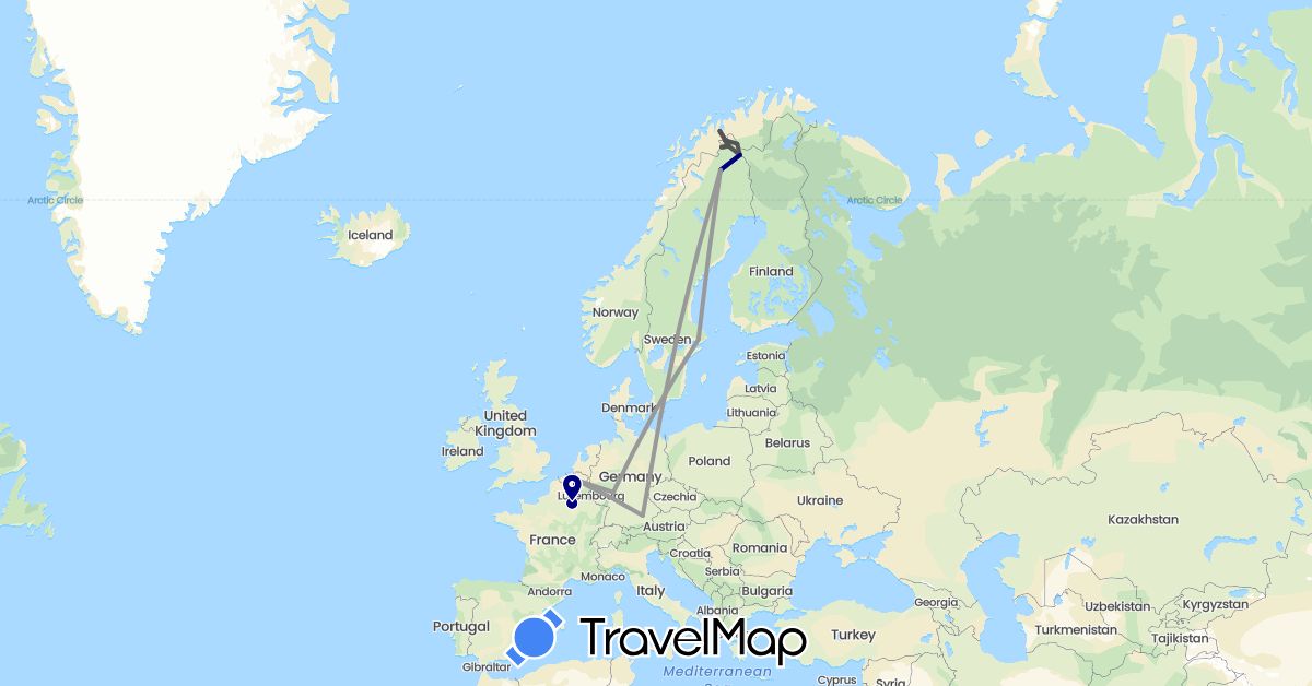 TravelMap itinerary: driving, plane, motorbike in Belgium, Germany, Finland, France, Norway, Sweden (Europe)